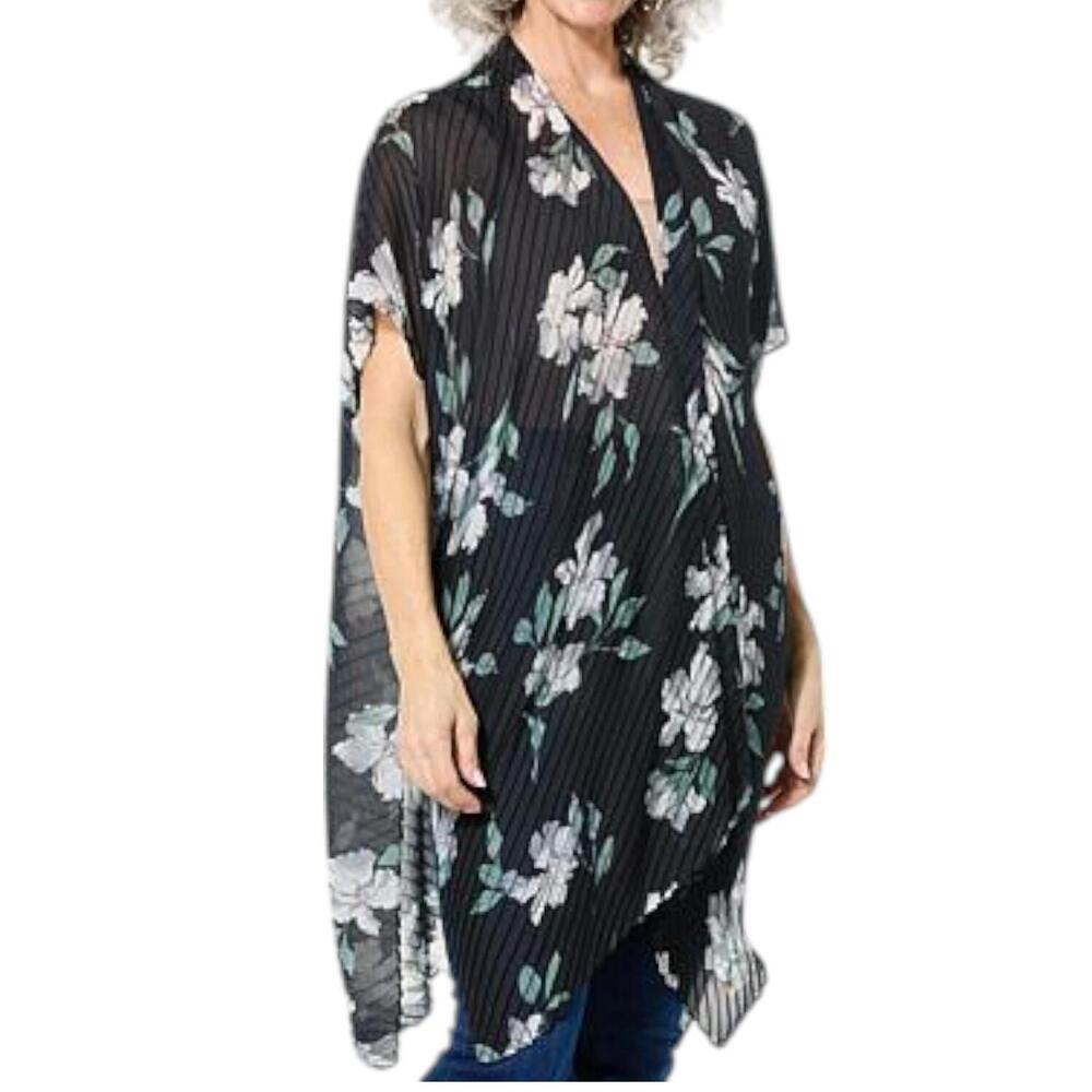 Anne Klein Women's Pleated Hibiscus Print Ruana Black Multi